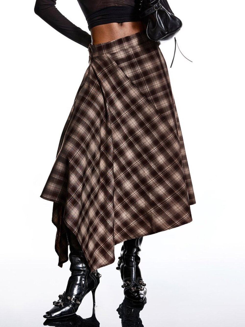 Coffee Brown Casual Women's Pleated Asymmetrical Midi Skirt